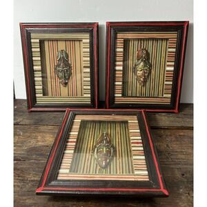 Set of 3 Framed African Tribal Masks Wall Art Decor Box Glass Cultural Artistry